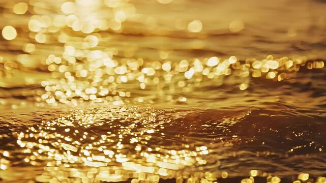 Glittery golden sea water during sunset or sunrise, texture of glitter water and soft waves. sparkling in water background