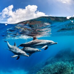 Fototapeta premium 海を背に、数頭の青いイルカが弧を描くように飛び跳ねている。太陽の光が水面に反射し、イルカの視線な体がキラキラと輝きながら、楽しそうに海を駆け抜けていく瞬間 