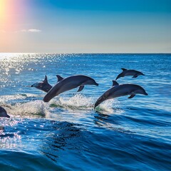 Fototapeta premium 海を背に、数頭の青いイルカが弧を描くように飛び跳ねている。太陽の光が水面に反射し、イルカの視線な体がキラキラと輝きながら、楽しそうに海を駆け抜けていく瞬間 