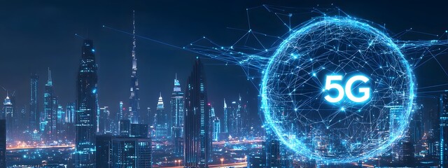 A large "5G" symbol floats above an urban skyline, connected by glowing lines to buildings and roads below
