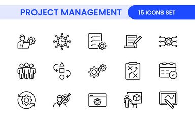 Project Management web icons in line style. Outline icon collection related to Schedule, human resource, management, development, planning, and more.