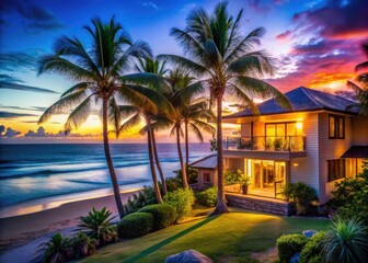 Fototapeta premium Charming Beach House Surrounded by Palm Trees and Ocean Waves in a Serene Coastal Setting