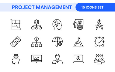 Project Management web icons in line style. Outline icon collection related to Schedule, human resource, management, development, planning, and more.
