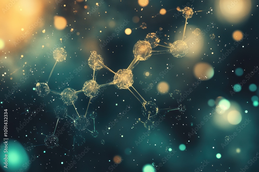 Poster abstract representation of molecules and chemical structures in a vibrant, luminous background highl