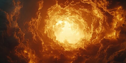 A fiery vortex of clouds opens up to a radiant light, revealing a celestial gateway to another realm.