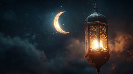 Ramadan background, with ample copy space for text and graphics, a lantern, and a dark theme.