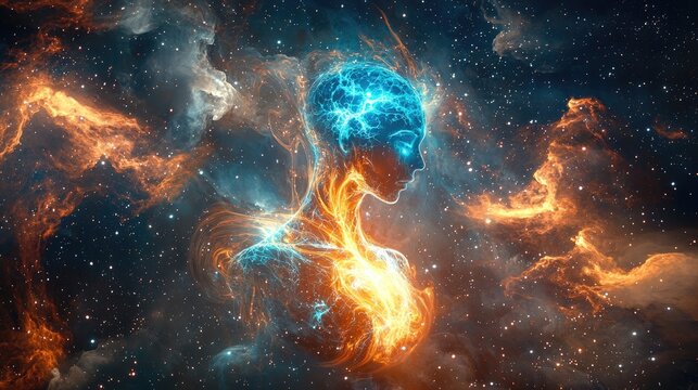 A radiant human figure made of pure energy, glowing with electric blue and fiery orange light, stands in the midst of a cosmic scene filledibe.