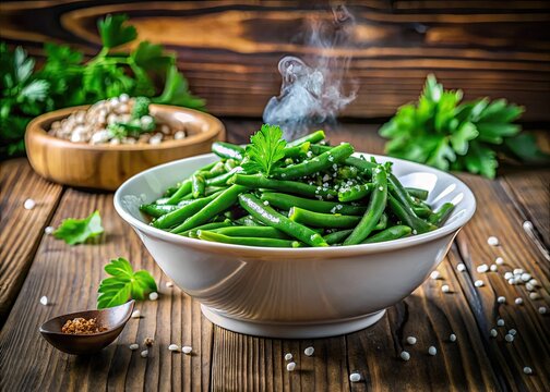 Freshly cooked green beans steaming hot in a white ceramic bowl on a rustic wooden table, surrounded by a sprinkle of sea salt and parsley.