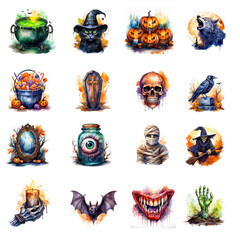 Fototapeta premium Set of 16 scary Halloween elements in a watercolour painting style