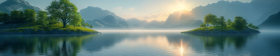 Fototapeta premium wide panoramic lake scenery with mountains and trees in the morning 