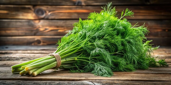 Freshly harvested bunch of fragrant green fenel plants with delicate leaves and swollen stems, arranged artfully on a rustic wooden table amidst earthy surroundings.