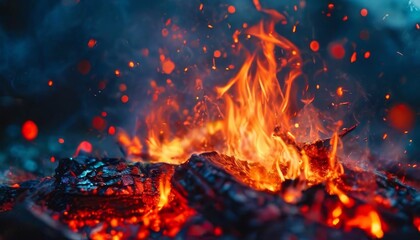 Obraz premium Close-up of a campfire with bright flames and glowing embers, creating a warm and intense atmosphere. The vibrant colors and dynamic movement of the fire evoke a sense of energy and warmth.. AI
