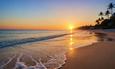 The sun sets over a tranquil beach, casting a warm glow on the sand and waves