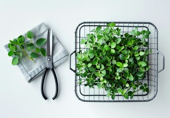 Fresh green herbs in a wire basket with gardening scissors on a light background