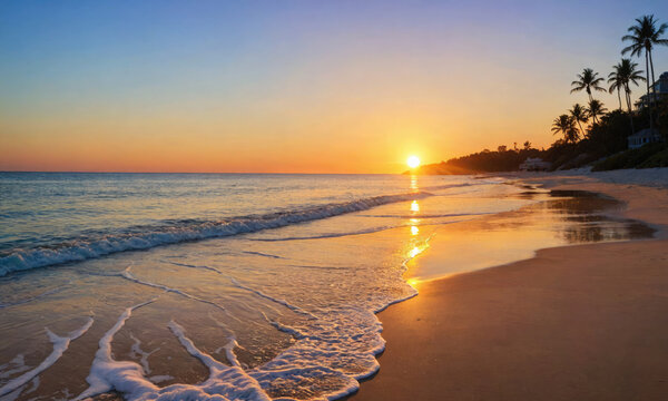 The sun sets over a tranquil beach, casting a warm glow on the sand and waves
