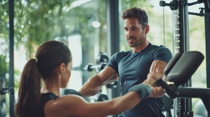 Obraz premium A personal trainer working with a client on specific exercises in a well-equipped gym setting.