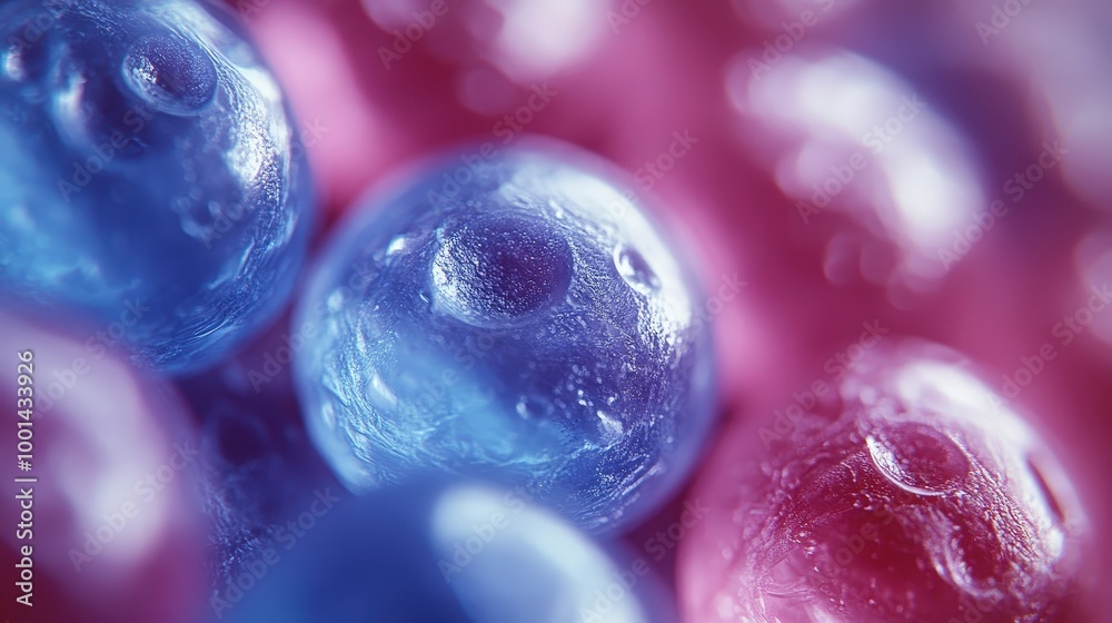 Poster a close-up view of vibrant blue and pink orbs, showcasing a mesmerizing interplay of light and textu