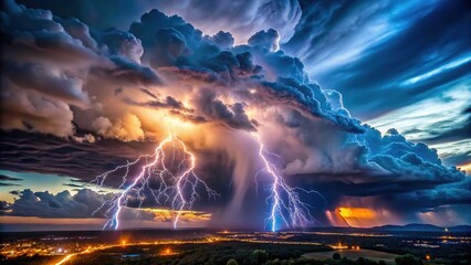 Dramatic Thunderstorm Over Dark Sky with Lightning Strikes Illuminating the Atmosphere at Night