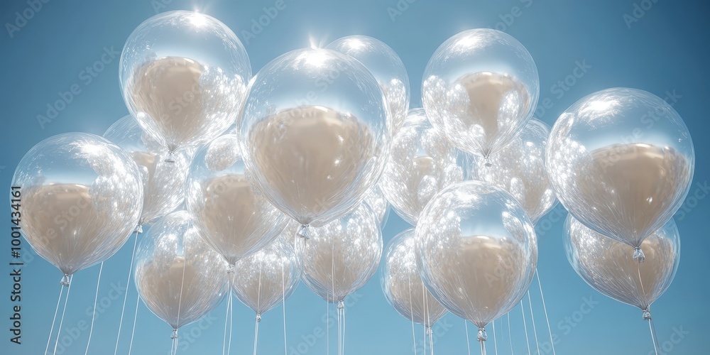 Poster a cluster of silver balloons float in the air, their reflective surfaces catching the sunlight, crea