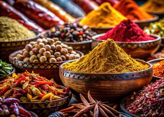 Fototapeta premium Dried Spices and Herbs in Vibrant Colors Illuminated by Warm Light for Oriental and Asian Cuisine