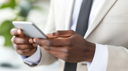 a person in professional attire holding a smartphone, symbolizing business and technology
