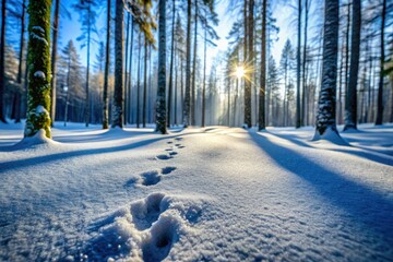 Fresh winter snow reveals intricate patterns of tiny paw prints and tail drag marks leading through a serene, snow-covered forest landscape.
