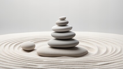 A minimalist and serene painting of a zen garden layout. A stack of four smooth, white pebbles stacked on top of each other, positioned slightly to the left of center.