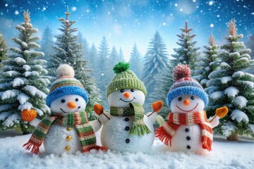 Obraz premium Frosty winter landscape featuring a trio of cheerful snowmen adorned with scarves, hats, and carrots, standing amidst snowflakes and evergreen trees in a serene natural setting.