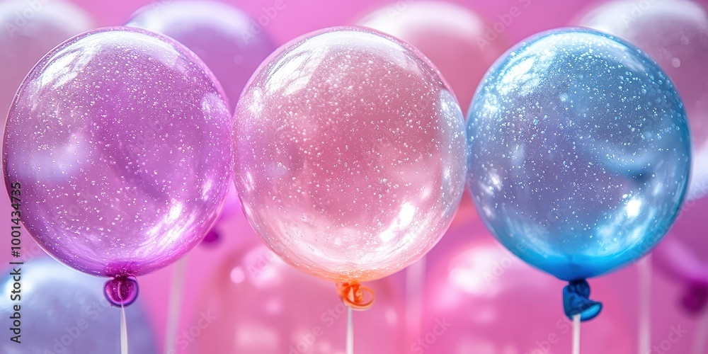 Poster a cluster of iridescent balloons with a delicate shimmer, reflecting light and casting a soft glow
