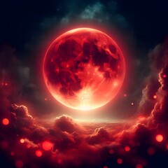 glowing fantasy full red moon illuminating a spooky, eerie Halloween night.