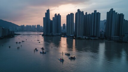 Fototapeta premium A once-bustling coastal city submerged by rising sea levels, with only the tops of skyscrapers visible above the water. People in boats navigate what used to be streets
