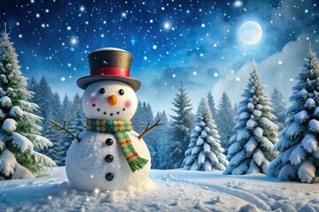Obraz premium Frozen winter wonderland scene featuring a cheerful snowman with carrot nose, coal eyes, and a top hat, surrounded by snow-covered evergreen trees and sparkling snowflakes.
