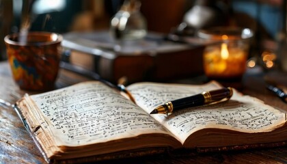 Obraz premium An antique journal filled with handwritten notes lies open on a rustic wooden table, next to a vintage fountain pen. The warm, candle-lit scene evokes nostalgia, creativity, and reflection, perfect