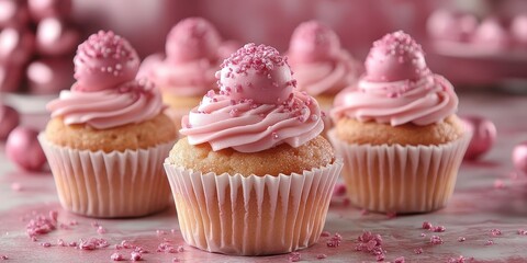A delicate array of pink cupcakes adorned with sprinkles, capturing the essence of sweet indulgence