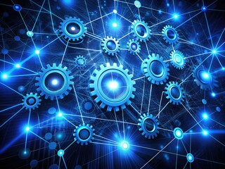 Obraz premium Glowing blue digital diagram with interconnected gears, nodes, and lines forming a futuristic network, symbolizing data analysis, technology, and innovation.
