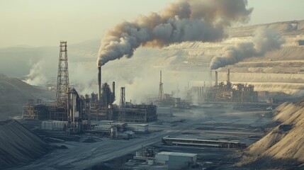 A scene of heavy industry reliant on fossil fuels, with massive oil rigs and coal mines dominating the landscape. The air is thick with smoke, and the ground is littered with machinery and pipelines