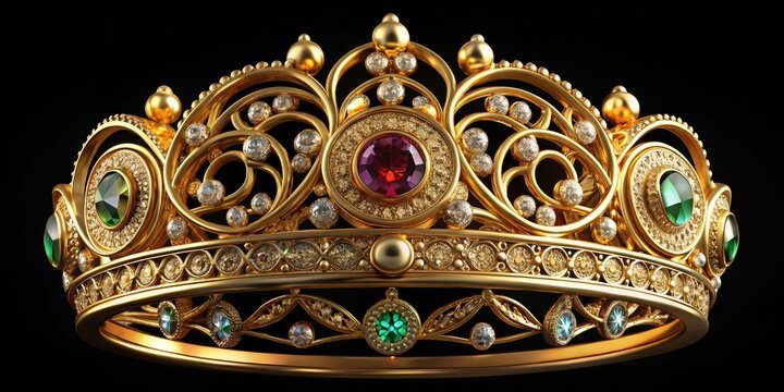 Golden circular emblem with intricate filigree patterns, featuring a regal crown and precious gemstones, conveying luxury, elegance, and sophistication in high-end jewelry branding.