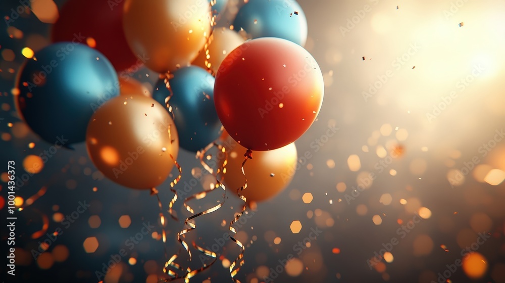 Poster a cluster of colorful balloons, adorned with shimmering ribbons, floats against a backdrop of warm, 