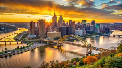 Obraz premium Golden light casting a warm glow on the urban landscape of Pittsburgh, with steel bridges, iconic skyscrapers, and rolling hills in the background.