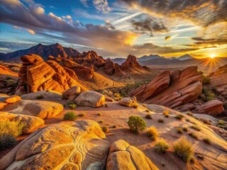 Golden light illuminates the vast, arid landscape of Nevada's Valley of Fire State Park, featuring ancient petroglyphs and majestic red rock formations.