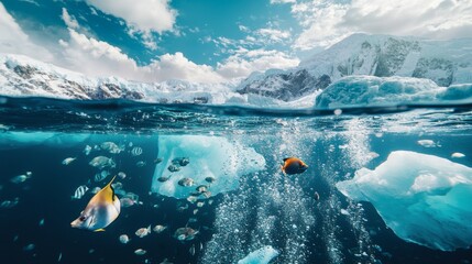 An underwater view of melting ice caps, with fish and marine life adapting to the drastic changes, and glaciers breaking apart above the water's surface