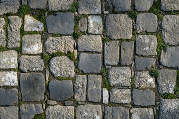 Obraz premium texture of gray pavers, a flat surface with small cracks and moss growing
