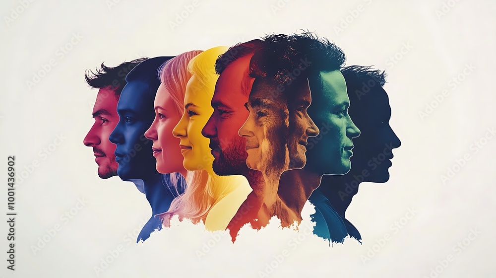 Poster a row of seven diverse people in profile, each with a different color.