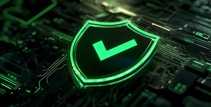  Digital Security Shield with Green Checkmark on Circuit Board