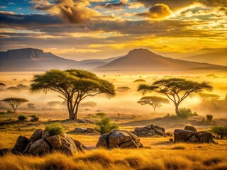 Golden savannah landscape at sunset with acacia trees, rocky outcrops, and misty mountains in the distance, evoking a sense of adventure and wild beauty.