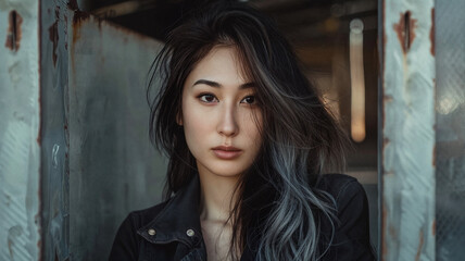Obraz premium Young woman with intense eyes and tousled hair, wearing a leather jacket against an industrial background, conveying a strong, confident vibe with elements of urban style and understated elegance