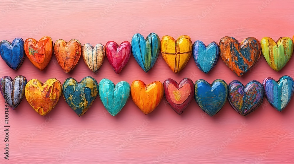 Poster a row of vibrantly painted wooden hearts arranged in a symmetrical pattern on a soft pink background