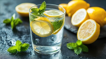 Fototapeta premium Refreshing drink with lemon and mint. Perfect for a healthy and flavorful beverage.