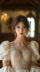 Fototapeta premium Elegant Filipino baroâ€™t saya wedding dress with delicate embroidery