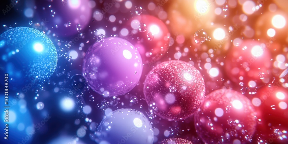 Poster a vibrant abstract composition of iridescent orbs suspended in a shimmering nebula of light and wate